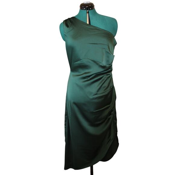 NWT! Sugarlips Belen One Shoulder Satin Ruched Midi Dress Green Women’s M - Picture 3 of 9